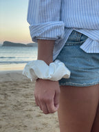 SaltyKurlz satin jumbo scrunchie in white — oversized 14cm hair t