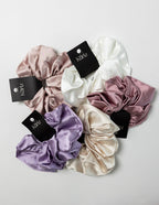 SaltyKurlz satin jumbo scrunchie in pinks and lilacs— oversized 14cm hair tie